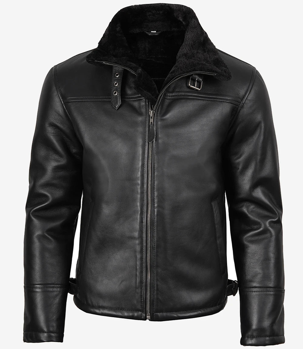 Blouson aviateur B3 en cuir et peau lainée noire pour homme