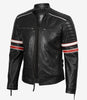 Veste motard en cuir d'agneau noir pour homme - Rayures blanches et rouges