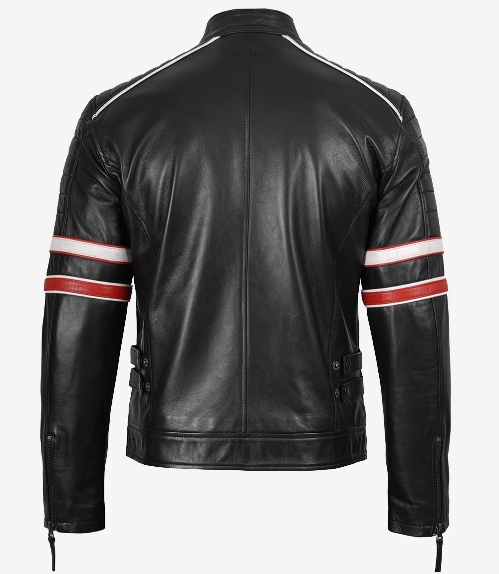 Veste motard en cuir d'agneau noir pour homme - Rayures blanches et rouges
