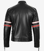 Veste motard en cuir d'agneau noir pour homme - Rayures blanches et rouges