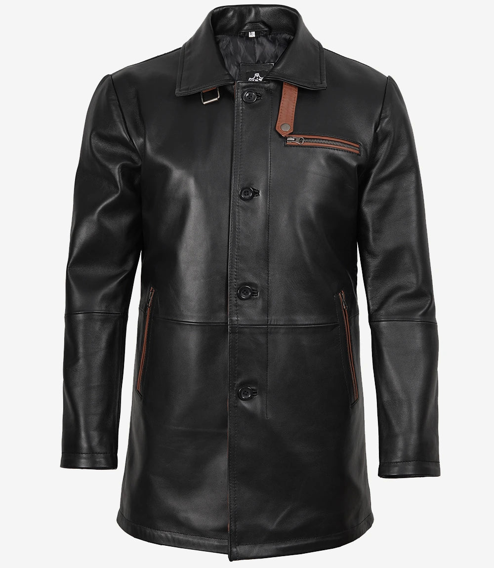 Manteau en cuir noir pour homme avec détails marron
