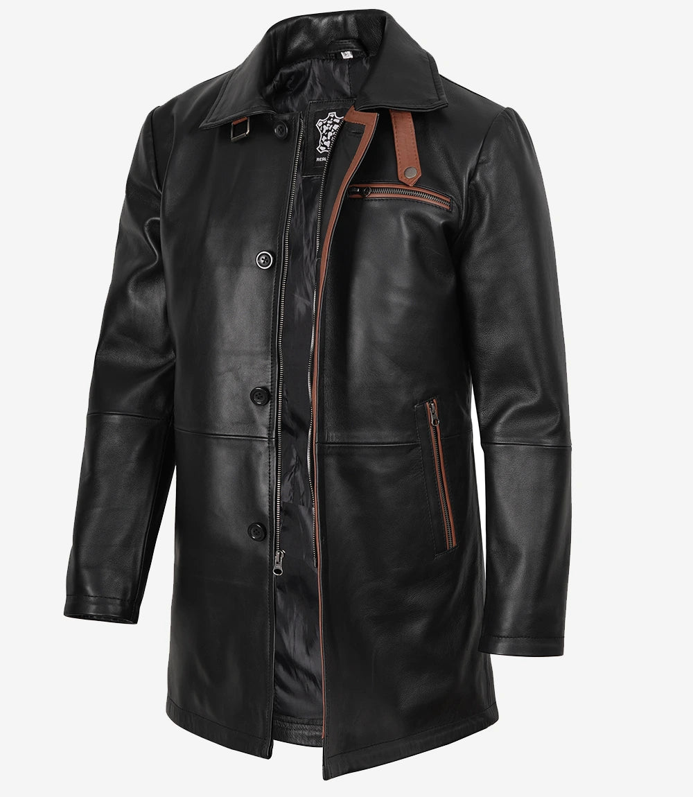 Manteau en cuir noir pour homme avec détails marron