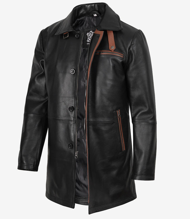 Manteau en cuir noir pour homme avec détails marron
