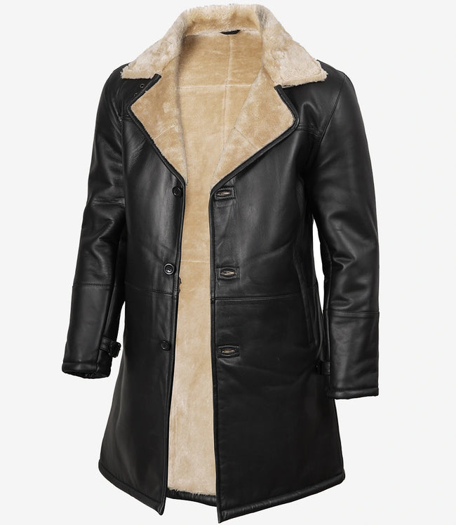 Manteau 3/4 en cuir et peau lainée noire pour homme