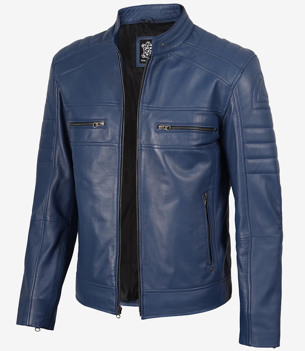 Veste en cuir bleu style motard pour homme