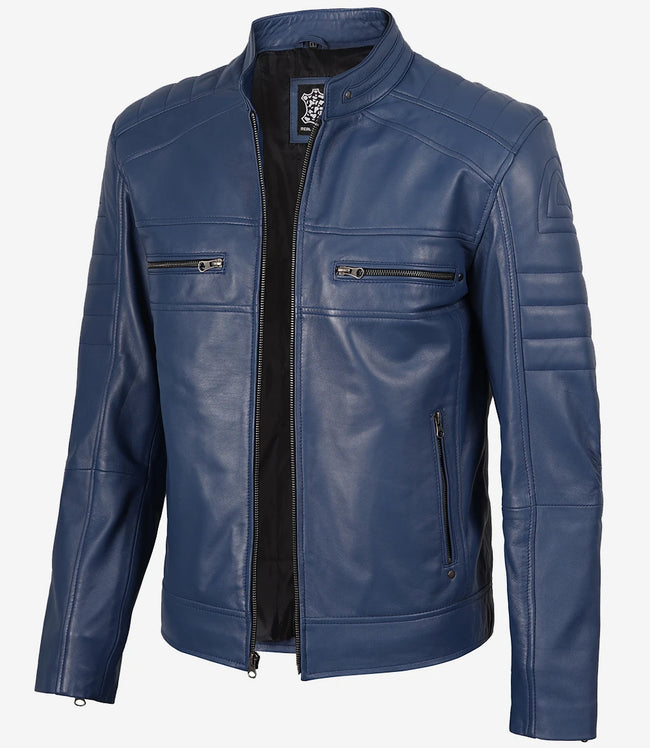 Veste en cuir bleu style motard pour homme