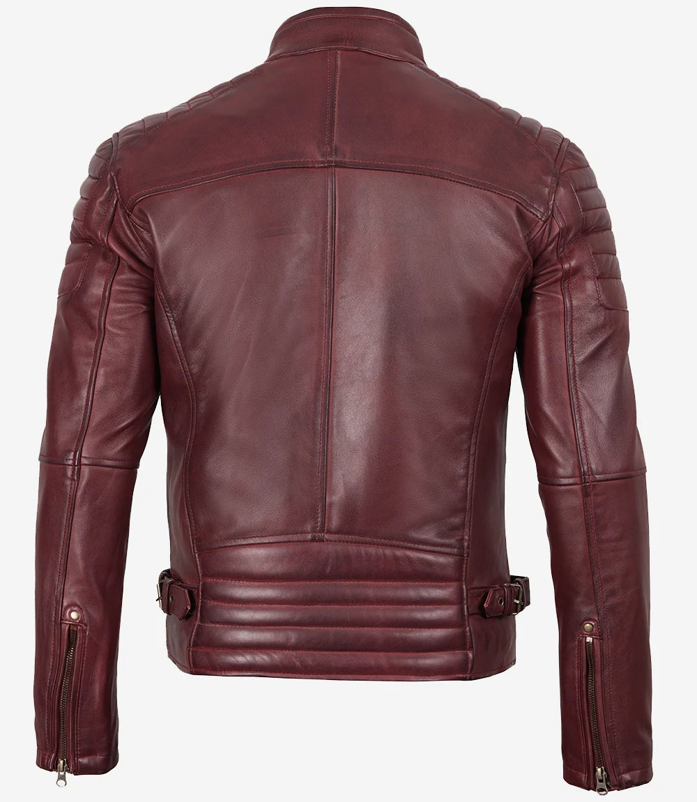Veste en cuir style motard bordeaux pour homme