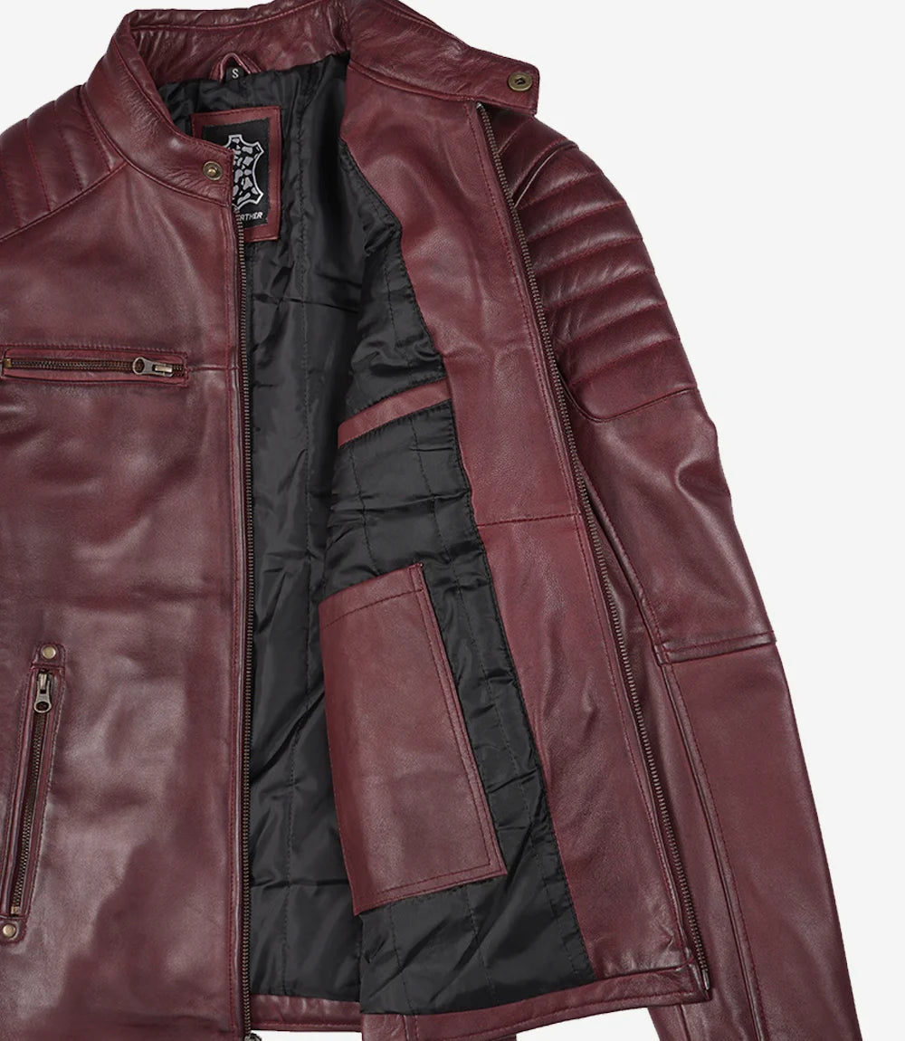 Veste en cuir style motard bordeaux pour homme