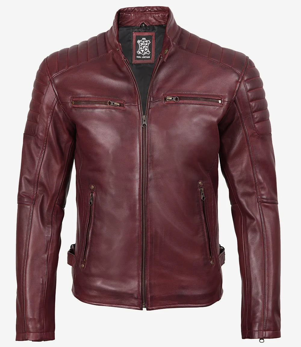 Veste en cuir style motard bordeaux pour homme