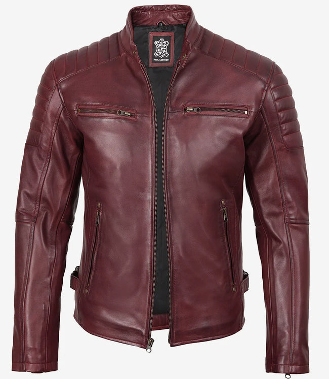 Veste en cuir style motard bordeaux pour homme