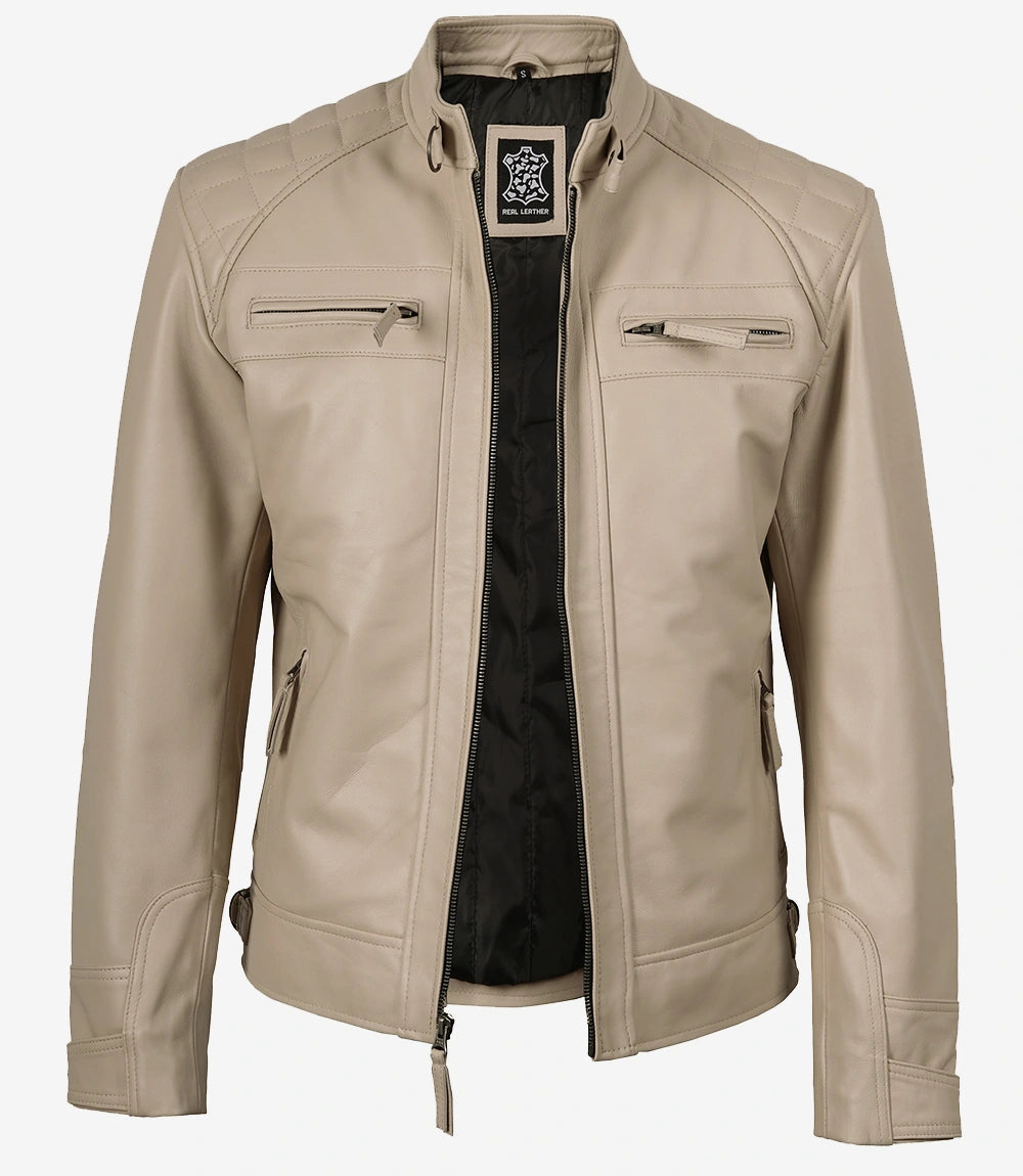 Veste en cuir beige style motard pour homme - Épaules matelassées