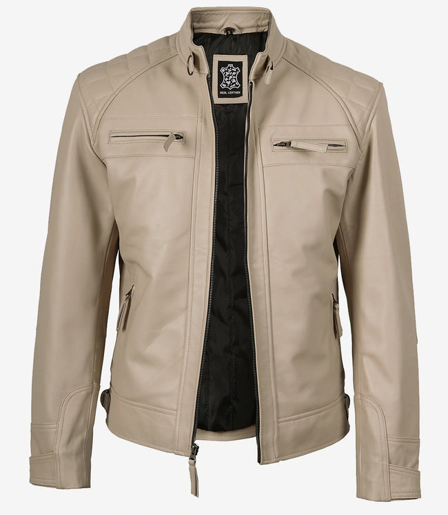 Veste en cuir beige style motard pour homme - Épaules matelassées