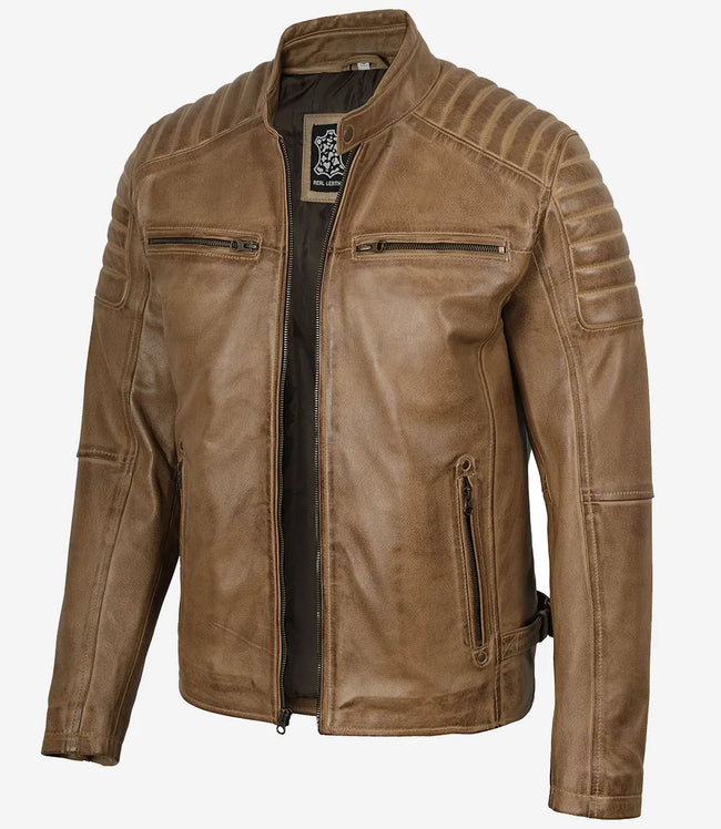 Veste en cuir style motard marron camel pour homme