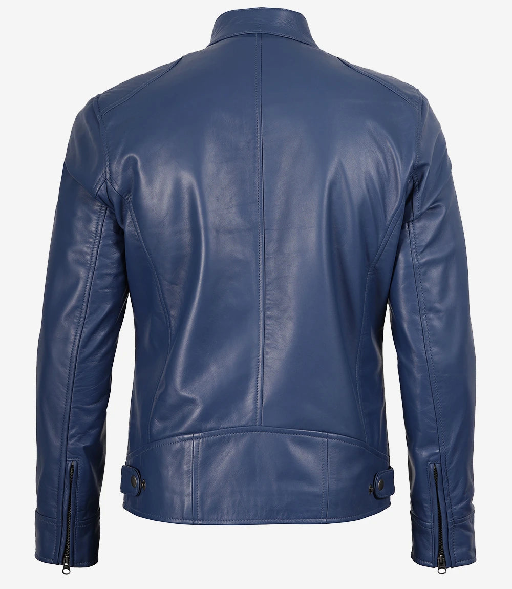 Veste en cuir bleu classique style motard pour homme