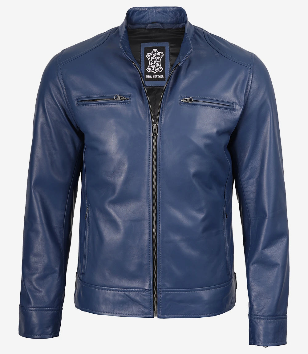 Veste en cuir bleu classique style motard pour homme