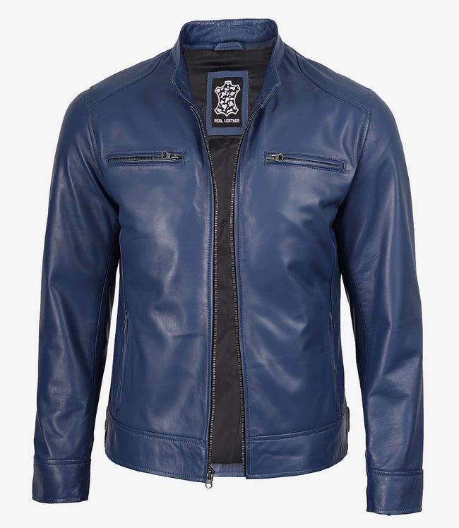 Veste en cuir bleu classique style motard pour homme