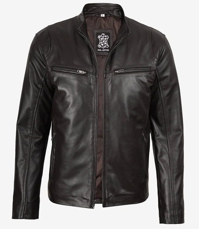 Veste en cuir classique marron foncé style motard pour homme