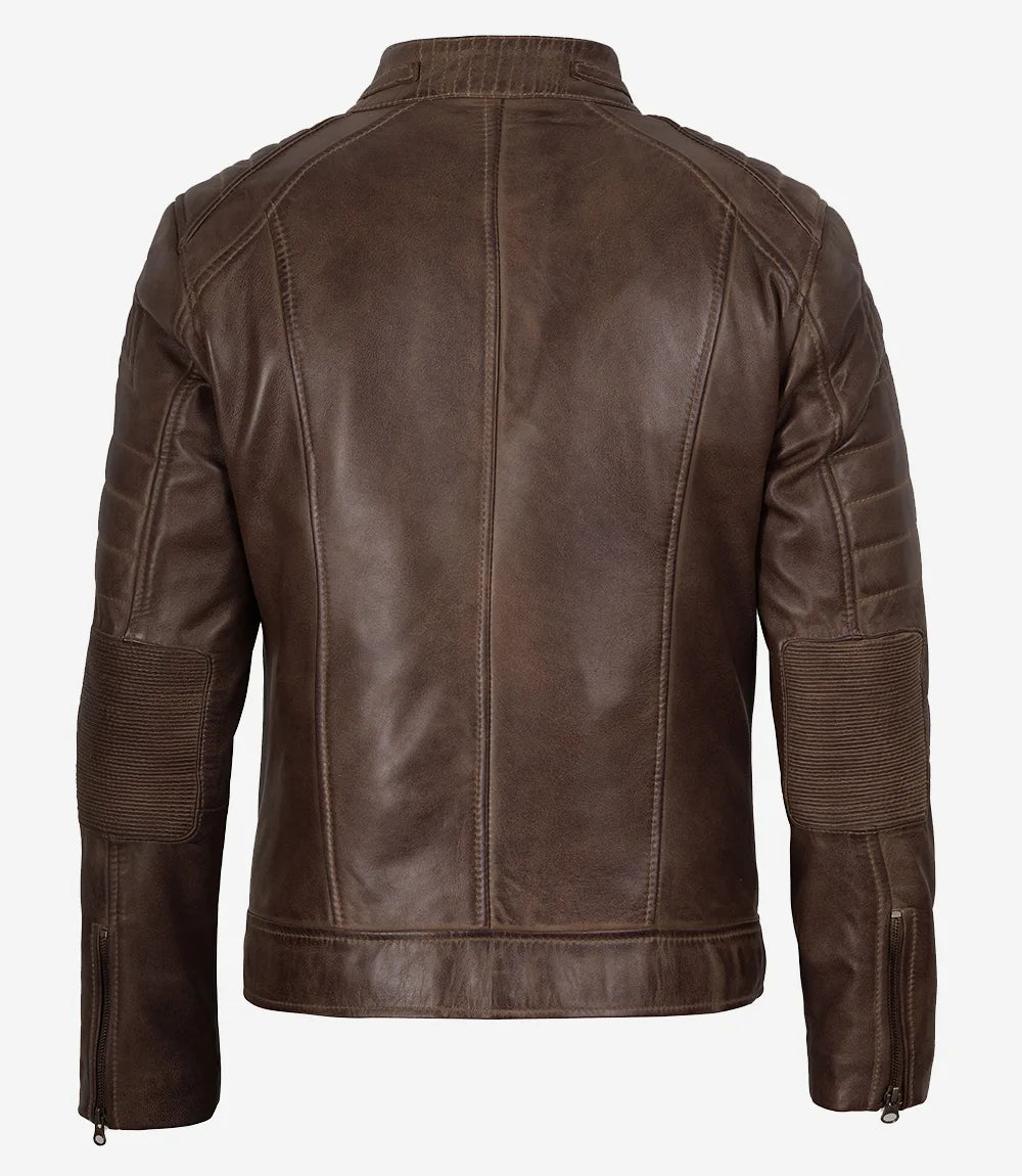 Veste en cuir vieilli marron café pour homme - Style motard
