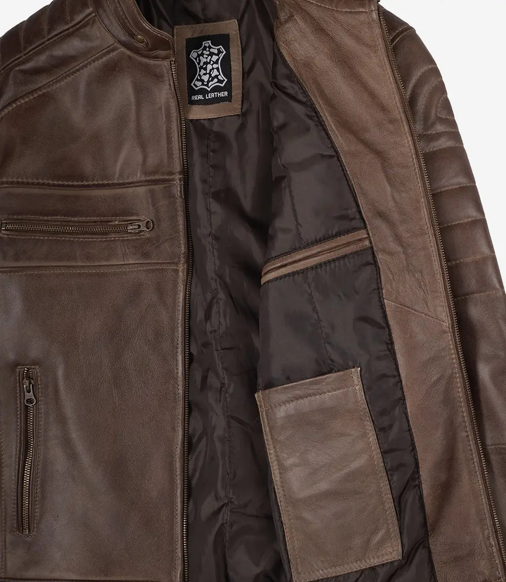 Veste en cuir vieilli marron café pour homme - Style motard