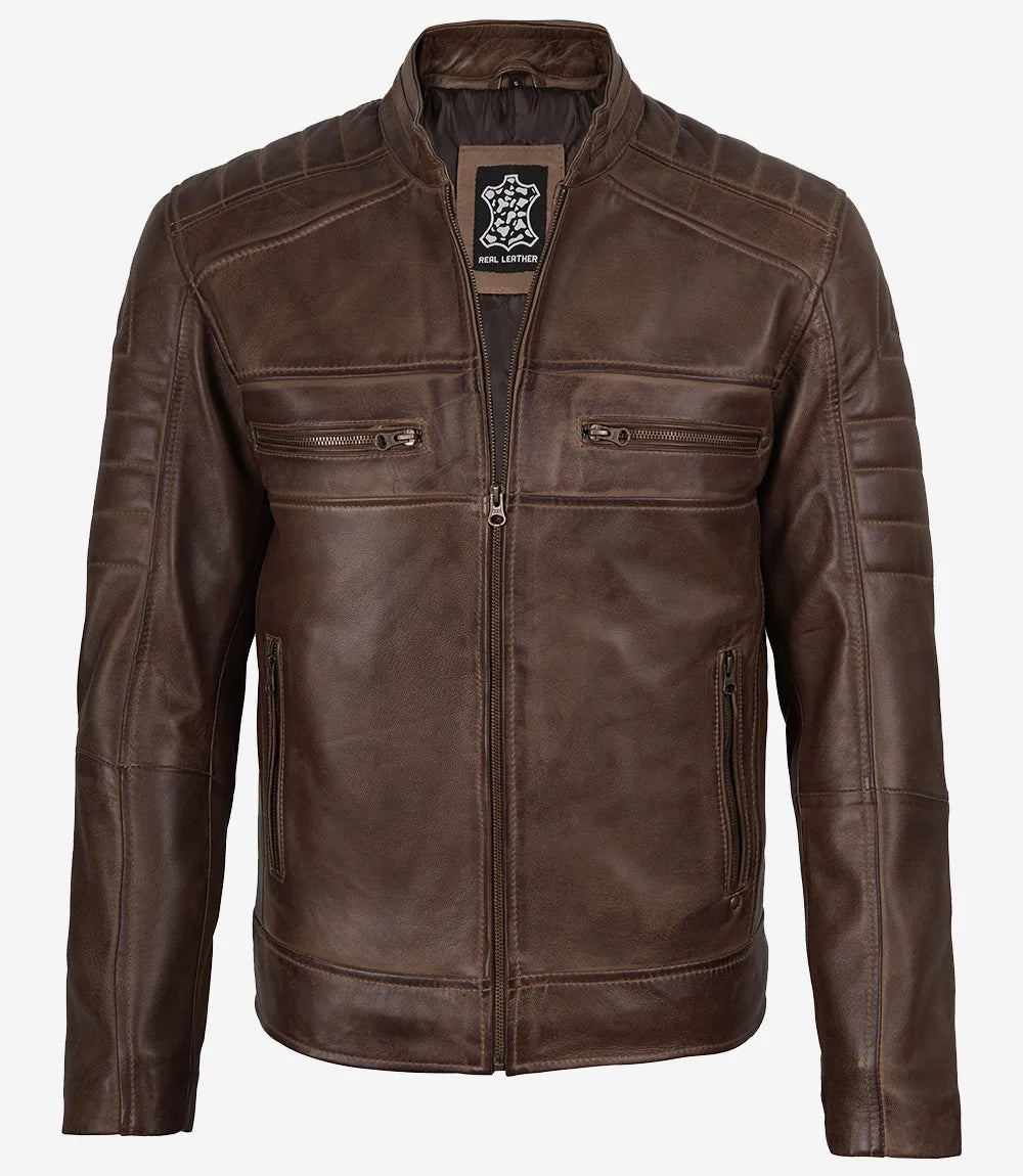 Veste en cuir vieilli marron café pour homme - Style motard