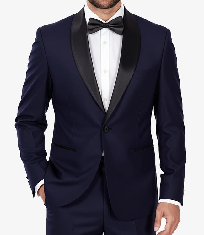 Smoking bleu foncé à revers châle pour homme – Smoking de bal moderne à un seul bouton