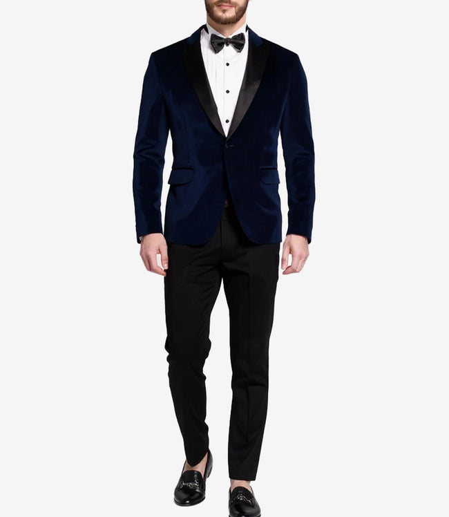 Smoking de marié en velours bleu foncé pour homme – Revers en pointe