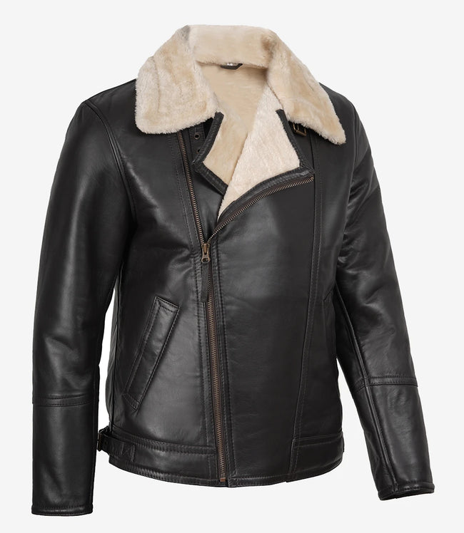 Veste en cuir style motard en peau lainée marron foncé pour homme