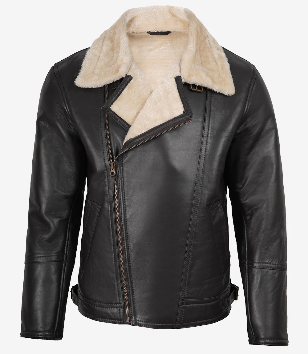 Veste en cuir style motard en peau lainée marron foncé pour homme