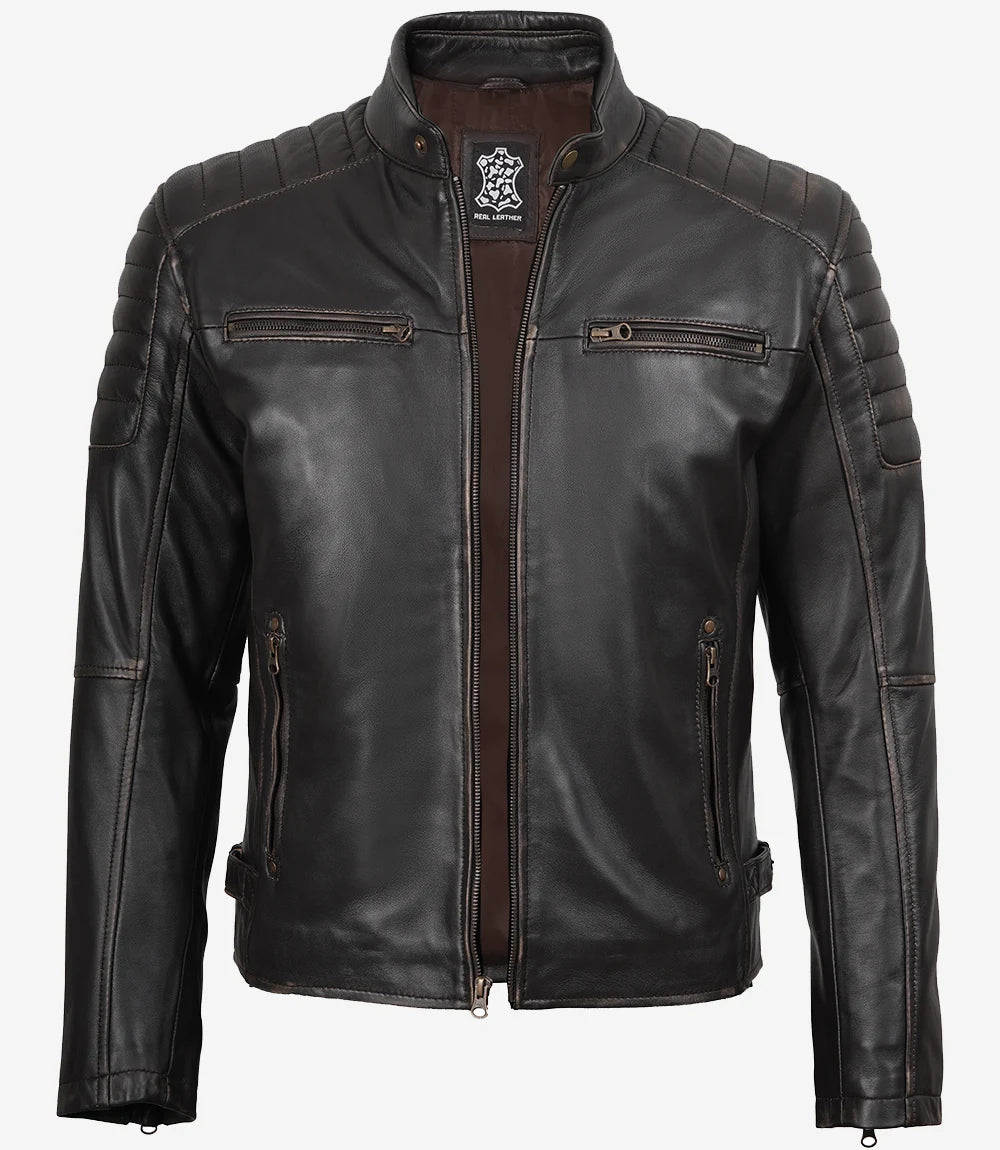 Veste en cuir marron vieilli style motard pour homme