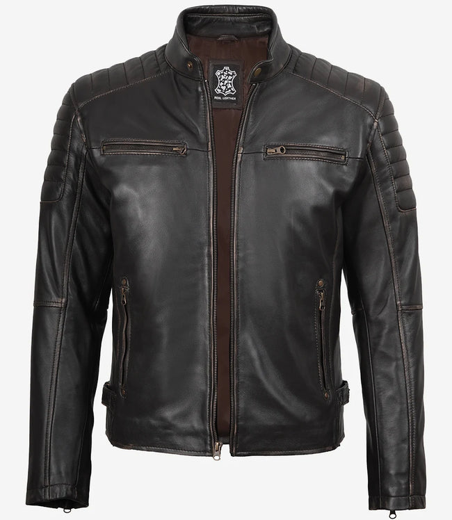 Veste en cuir marron vieilli style motard pour homme