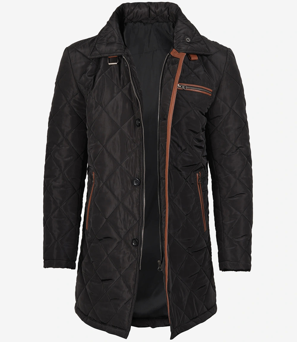 Manteau 3/4 matelassé en polyester noir pour homme avec détails marron