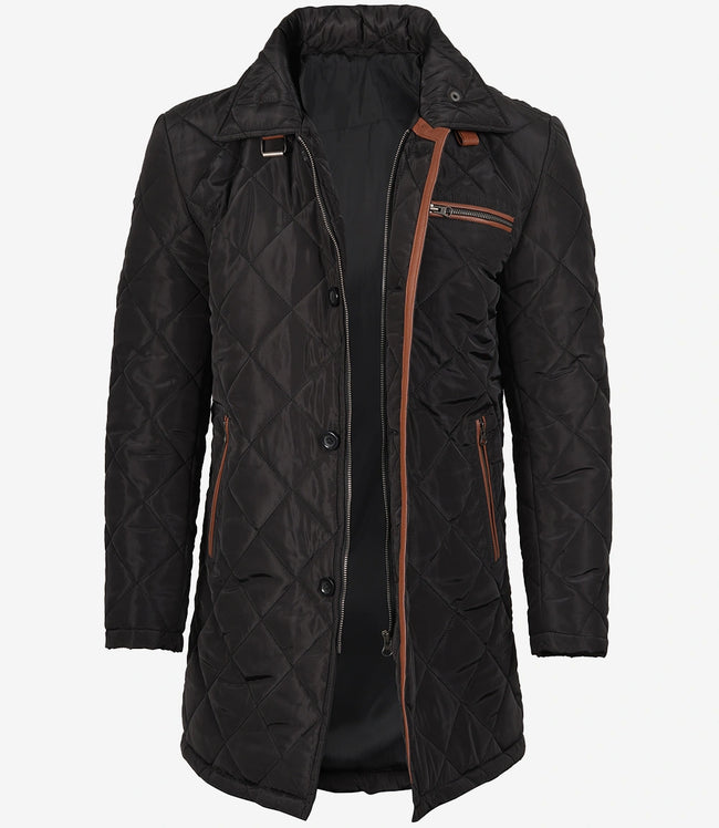 Manteau 3/4 matelassé en polyester noir pour homme avec détails marron