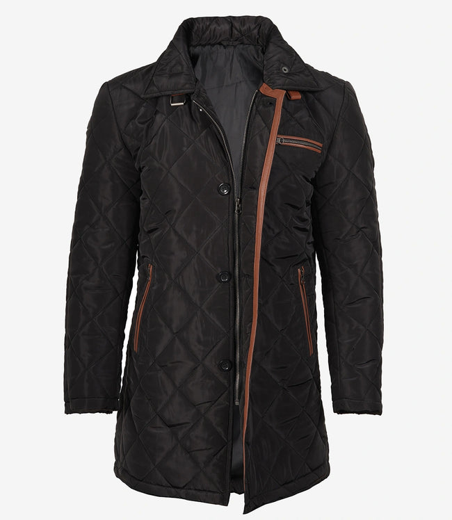 Manteau 3/4 matelassé en polyester noir pour homme avec détails marron