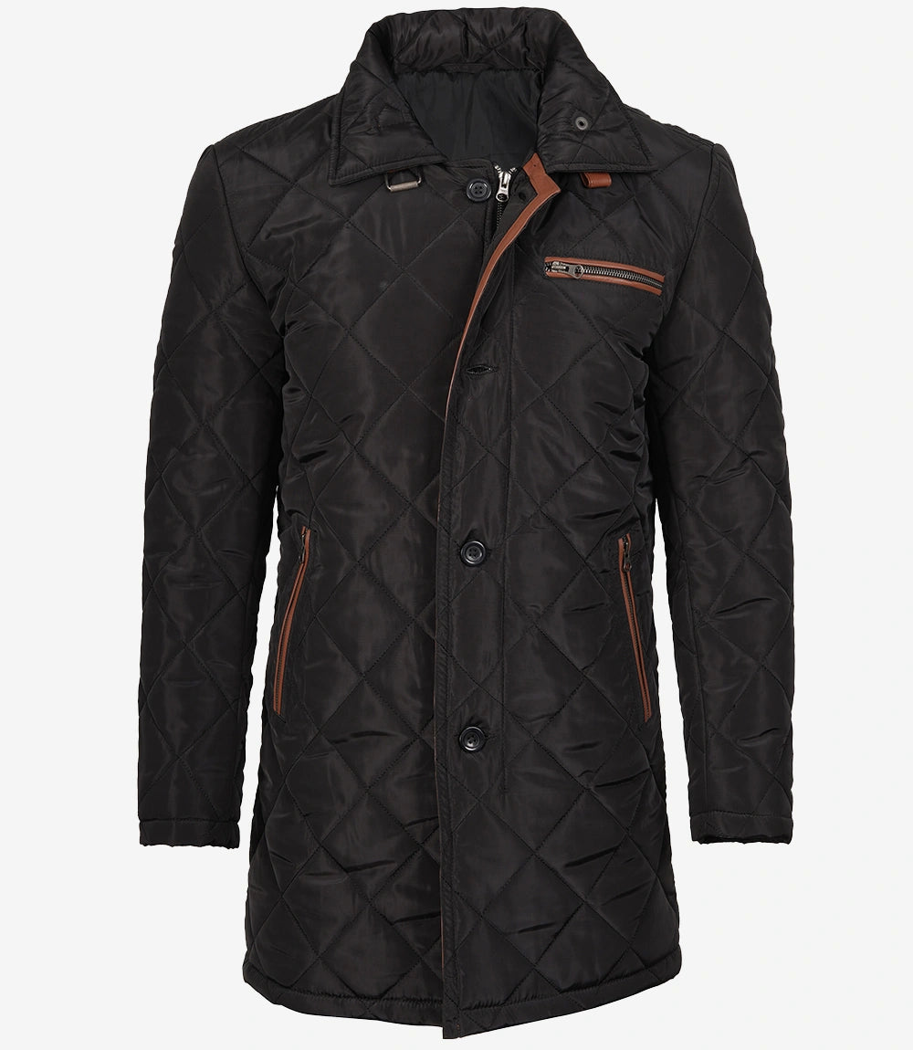 Manteau 3/4 matelassé en polyester noir pour homme avec détails marron