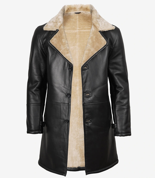 Manteau 3/4 en cuir et peau lainée noire pour homme