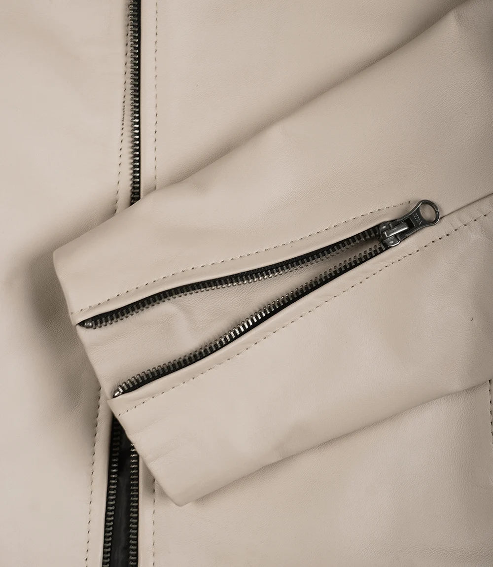 Veste en cuir beige style motard à col mandarin pour homme