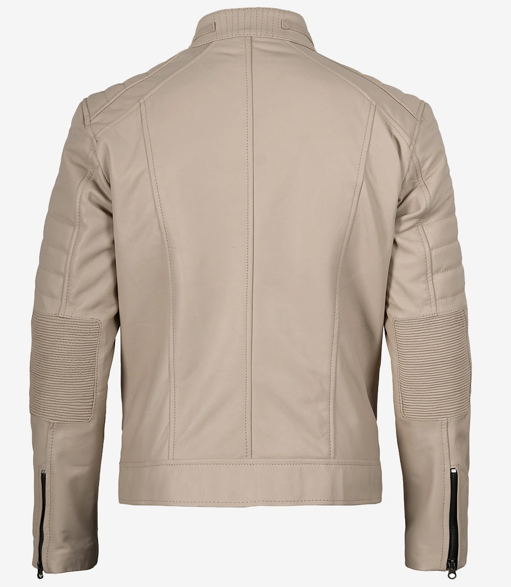 Veste en cuir beige style motard à col mandarin pour homme