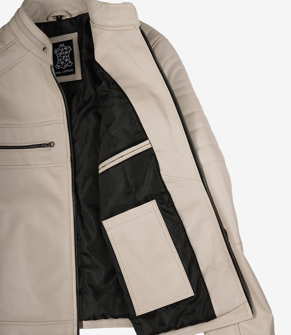 Veste en cuir beige style motard à col mandarin pour homme