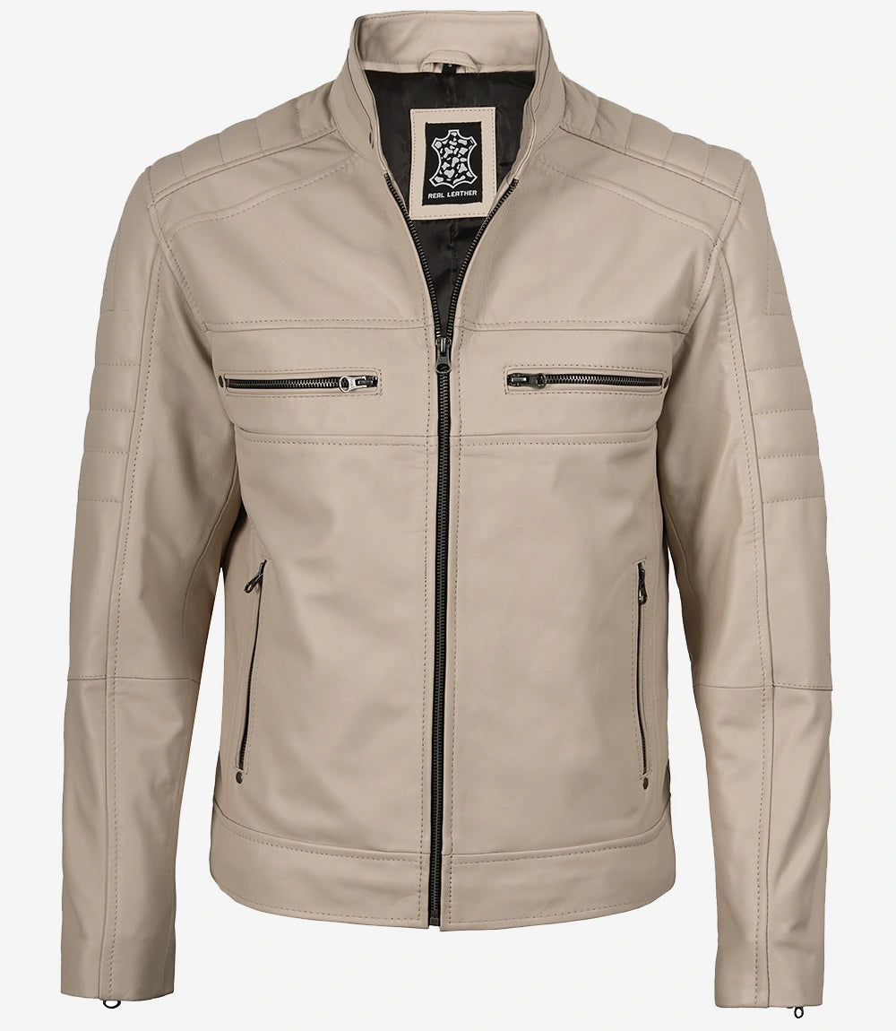 Veste en cuir beige style motard à col mandarin pour homme