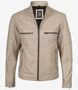 Veste en cuir beige style motard à col mandarin pour homme