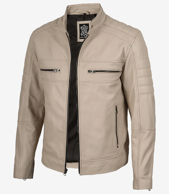 Veste en cuir beige style motard à col mandarin pour homme