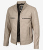 Veste en cuir beige style motard à col mandarin pour homme