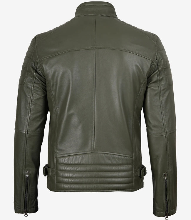 Veste en cuir style motard vert olive pour homme