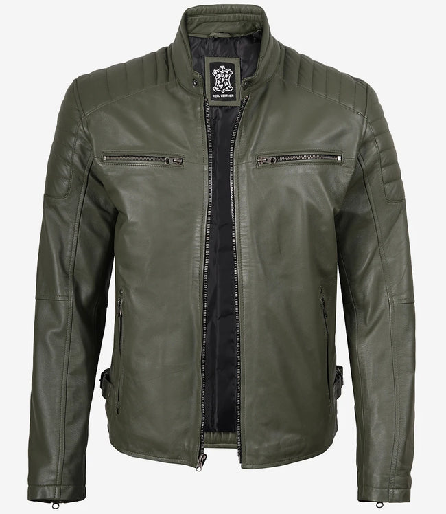 Veste en cuir style motard vert olive pour homme