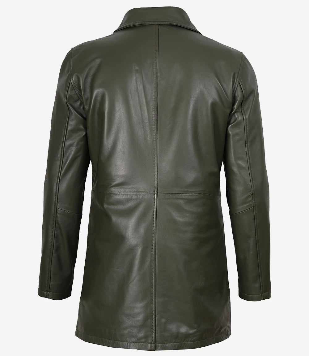 Manteau 3/4 en cuir vert olive pour homme