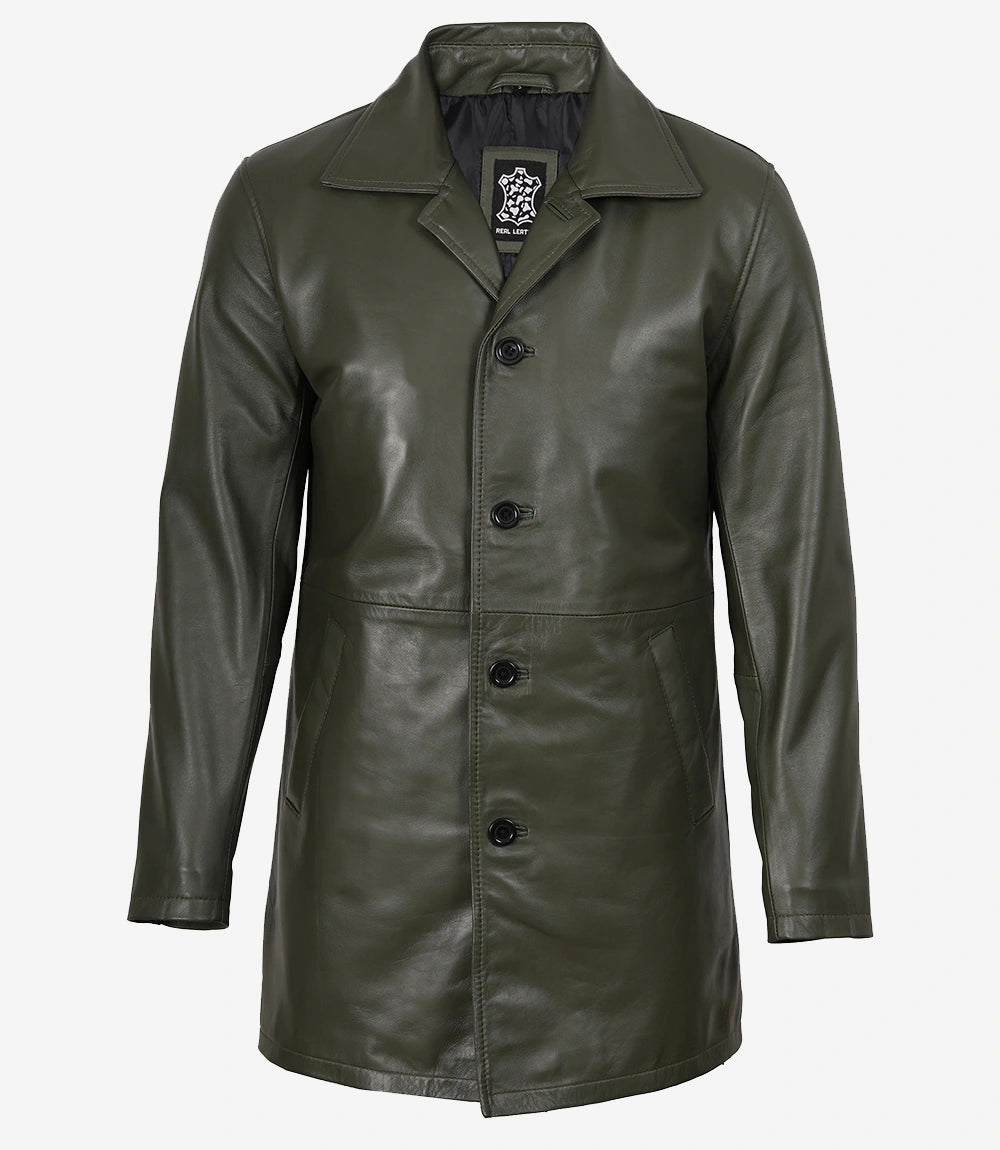 Manteau 3/4 en cuir vert olive pour homme