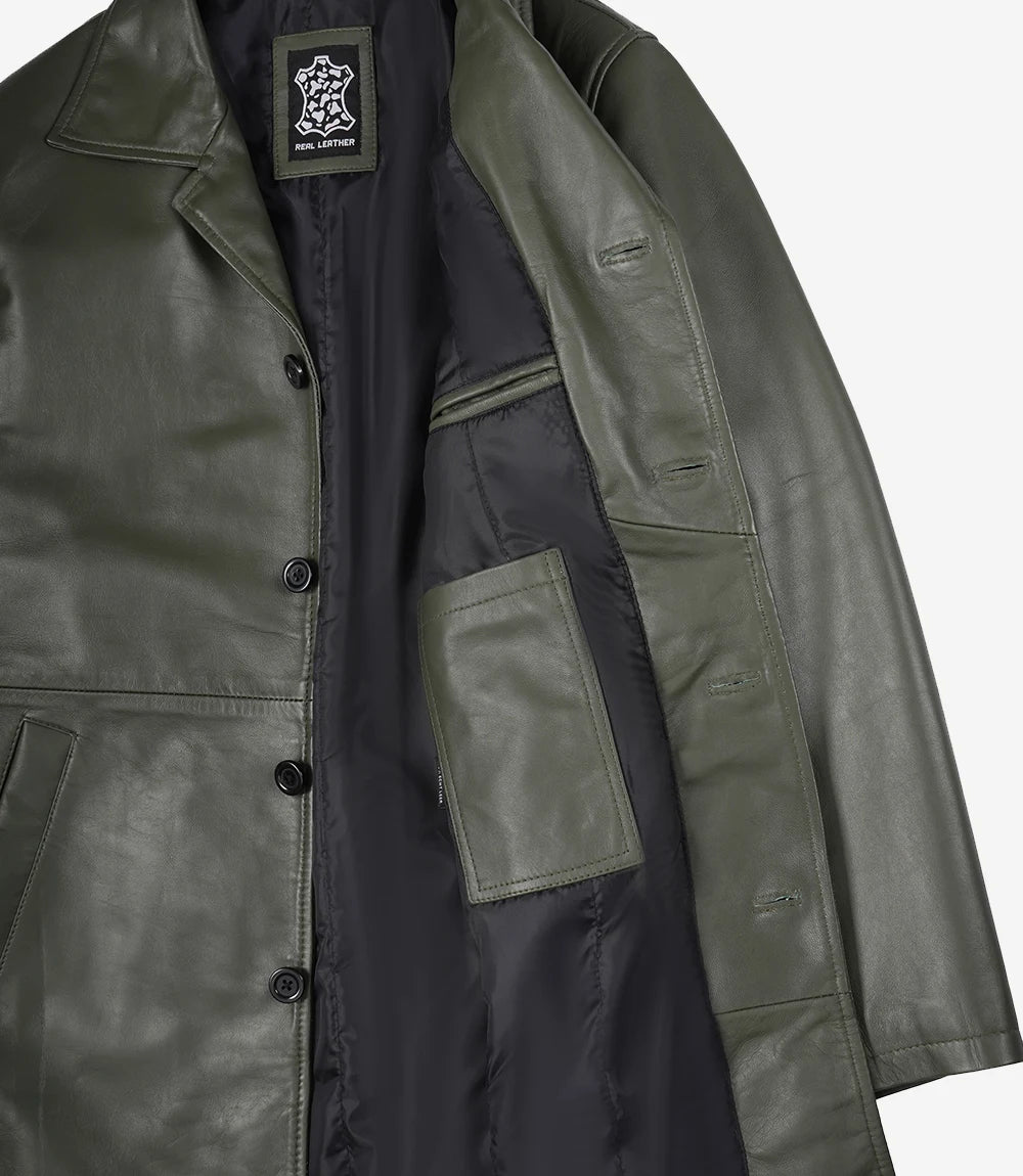 Manteau 3/4 en cuir vert olive pour homme