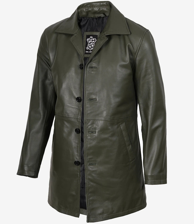 Manteau 3/4 en cuir vert olive pour homme