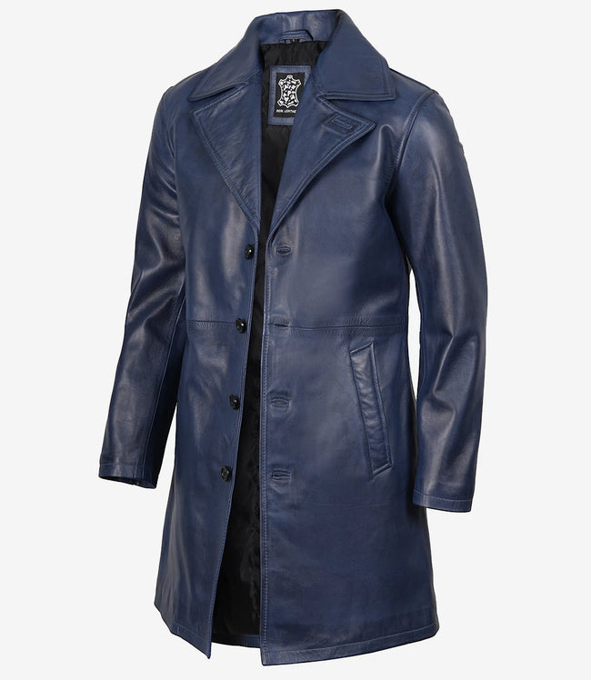 Manteau bleu 3/4 en cuir véritable pour homme