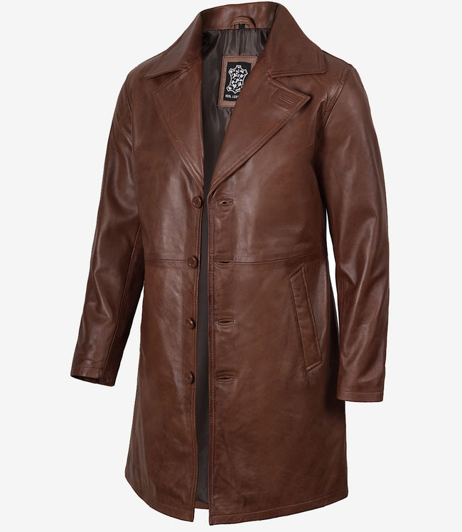 Manteau 3/4 en cuir véritable pour homme, couleur cognac